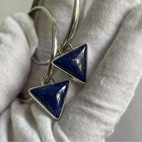 Silver Hoop Lapis Lazuli Drop Earrings - Picture 4 of 9